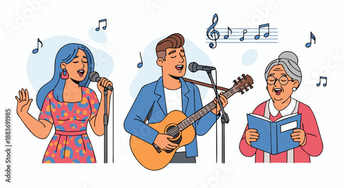 Three diverse singers including a young woman, a man playing guitar, and an elderly woman singing together creating beautiful musical harmony and performance art