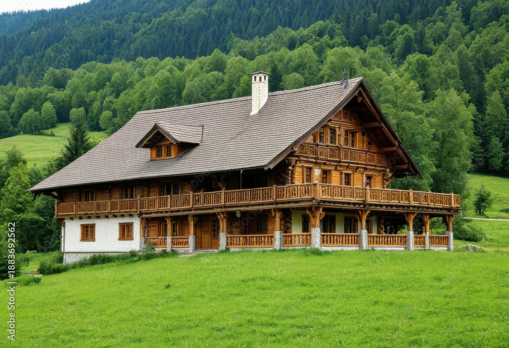 Fototapeta premium Beautiful log home in rural Romania, nestled in Carpathian foothills