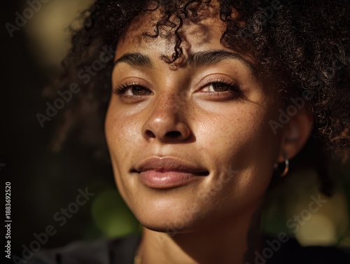 Smiling person with curly h...