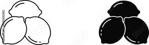 Fresh lemon fruit icons in outline and solid black silhouette styles for juice packaging and healthy food labels.