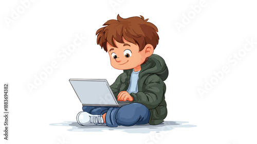 Professional Cute Boy with Laptop Vector Illustration on White Background