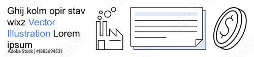Business operations, financial growth, banking, industrial development, investments, digital economy. Features factory, financial document and dollar coin. Business operations and financial growth