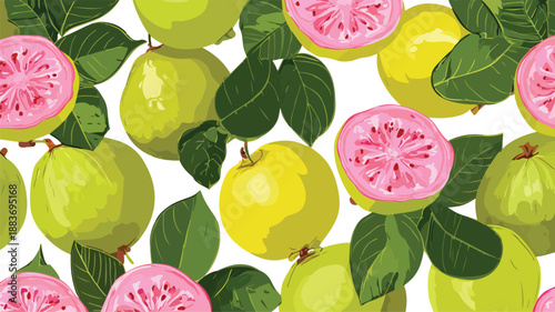 Vibrant Guava Fruit Seamless Pattern Vector Art and Illustration