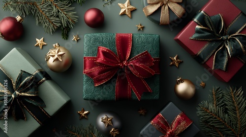 Luxury Christmas Gift Wrapping: Elegant Presents with Festive Ornaments and Greenery
