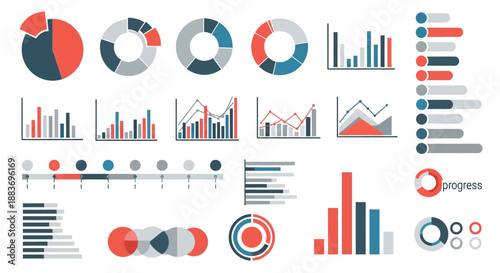 Dynamic suite of data visualization graphic elements, including various bar, pie, and line charts, ideal for statistical analysis, business reports, and digital dashboards