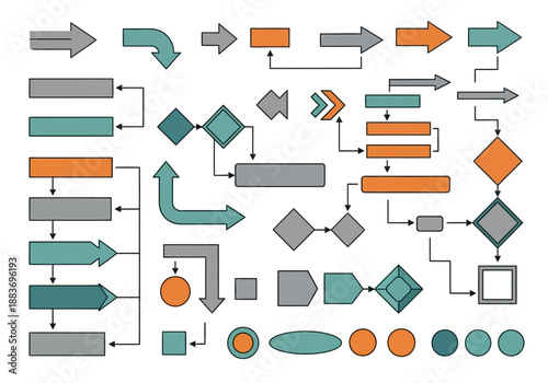 Infographic elements collection with various shapes and arrows in orange, teal, and gray