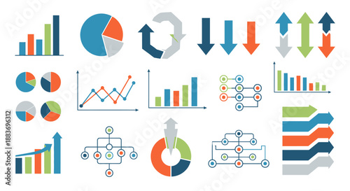 Collection of statistical graphs, charts, and diagrams illustrating data analysis and presentation for business insights and decision making