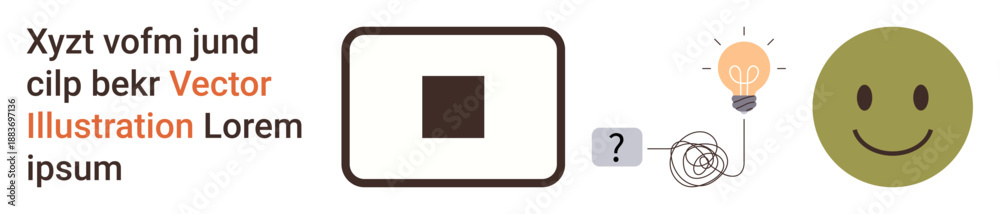 Fototapeta premium Creativity, problem-solving, design thinking, innovation, brainstorming, simplicity. A tangled line leads to a lightbulb and ends in a happy face. Creativity and problem-solving concept