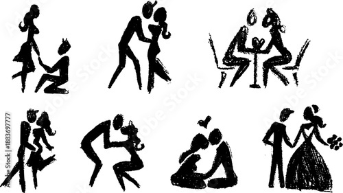 Hand-drawn romantic silhouettes set, vectorized charcoal sketches of a loving couple.Emotional relationship and wedding illustration set, handmade textured silhouettes of love and passion.