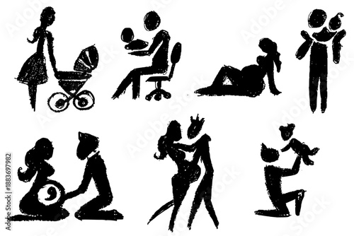 Hand-drawn pregnancy and parenthood silhouettes, vectorized charcoal sketches of family life.Expressive family and maternity icon set, handmade textured silhouettes of parents and babies.