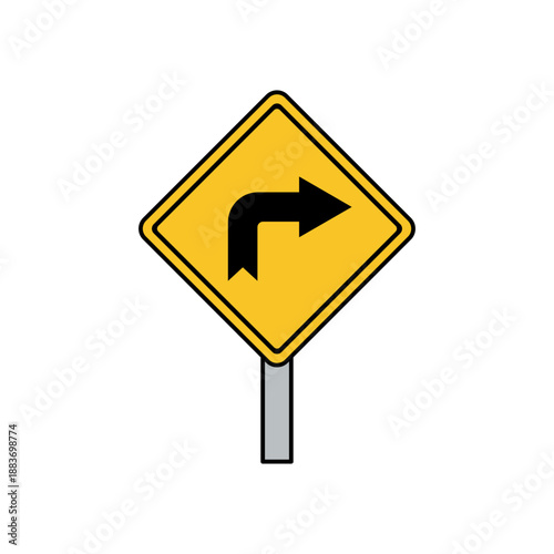 Yellow Road Warning Sign Showing Right Turn Direction in Flat Vector Style