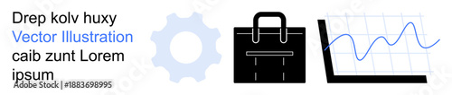 Business management, workflow optimization, data analysis, productivity tools, financial growth, corporate strategy. Gear, briefcase and line graph illustration. Business management and workflow