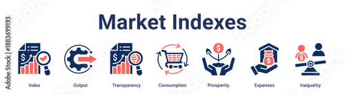 Market Indexes banner web icon vector illustration concept for business with icon of Index, Output, Transparency, Consumption, Prosperity, Expenses.