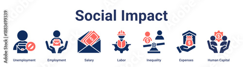 Social Impact banner web icon vector illustration concept for business with icon of Unemployment, Employment, Salary, Labor, Inequality, Expenses, Human.