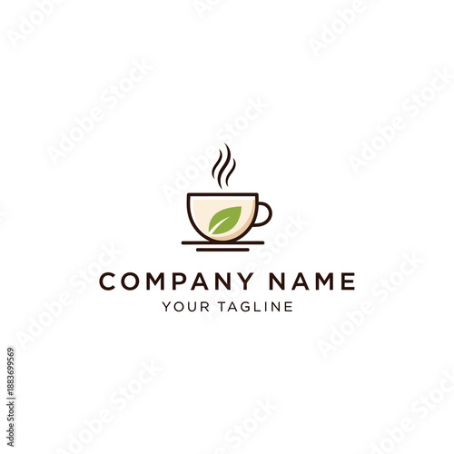 Minimalist Hot Tea Cup Logo with Green Leaf and Steam.