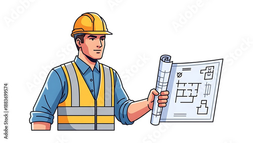Construction worker in hard hat and vest holding blueprint plans, professional architect reviewing building design schematics