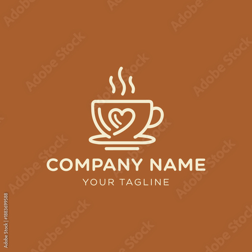 Minimalist Line Art Coffee Cup Logo with Heart and Steam.