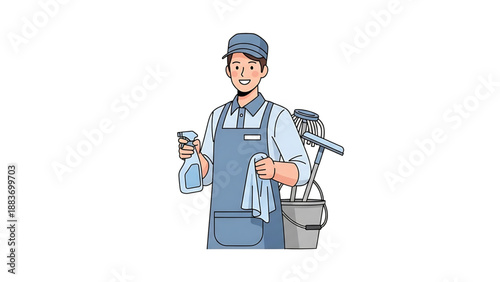 Enthusiastic professional cleaner illustration, equipped with spray bottle, cloth, and bucket, symbolizing efficient hygiene and domestic maintenance services with a friendly demeanor