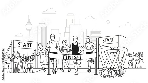 Runners crossing finish line together fast.