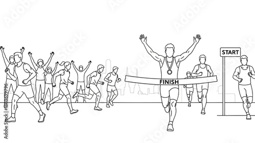 Runner crossing finish line triumphantly alone.