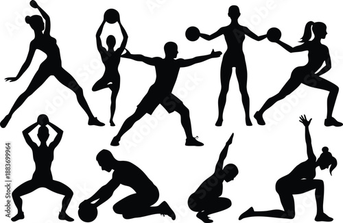Silhouettes of people performing various exercises with weights