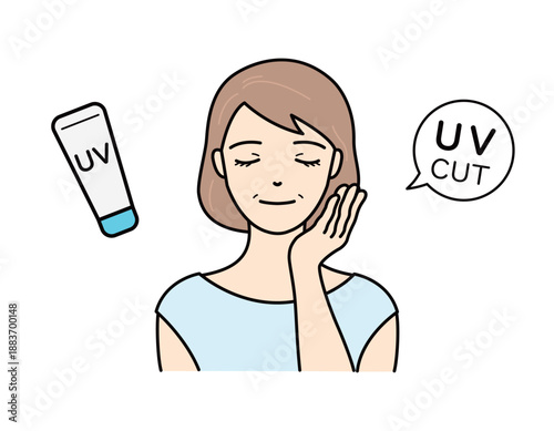 Senior woman touching face with sunscreen tube icon
