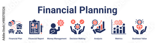 Financial Planning banner web icon vector illustration concept for business with icon of Financial Plan, Financial Report, Money Management, Decision Making, Analysis, Metrics, Business.