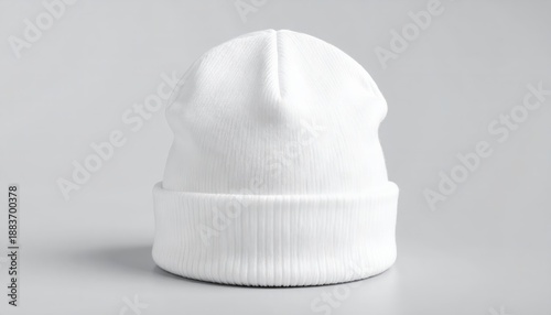 White winter beanie hat mockup on light grey background