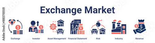 Exchange Market banner web icon vector illustration concept for business with icon of Exchange, Investor, Asset Management, Financial Statement, Risk, Industry.