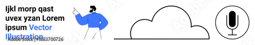 Cloud storage, communication tools, voice recording, remote work, digital connectivity, data exchange. Person pointing with microphone and cloud symbol. Cloud storage and communication tools concept
