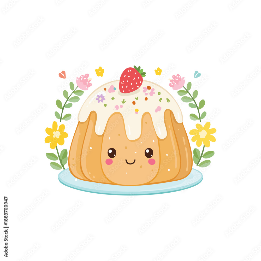 Naklejka premium Cute Kawaii Jelly Dessert with Strawberry and Flowers, Whimsical Treat Illustration
