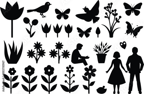 Collection of silhouette illustrations of flora and fauna with human figures