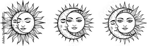 Vintage sun and moon illustrations in a classic engraved style on white background
