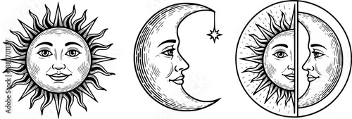 Vintage sun and moon illustrations in a classic engraved style on white background
