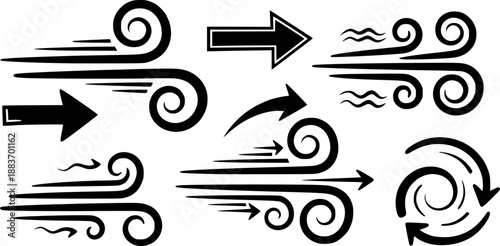 Hand-drawn wind symbols and arrows on a white background
