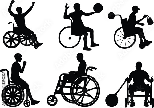 Silhouettes of people with disabilities engaging in various activities