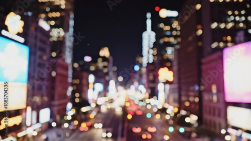 Rack focus view of busy New York City street traffic and skyscrapers at night with colorful bokeh lights