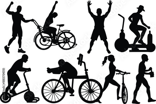 Fitness and exercise silhouettes featuring various activities and equipment