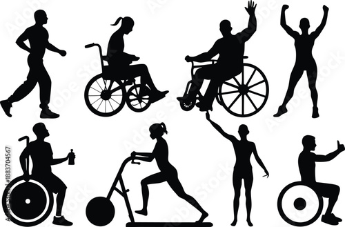 Silhouettes of people with disabilities engaged in various physical activities