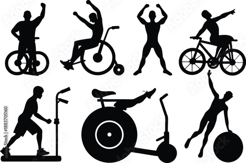 Silhouettes of people engaged in various fitness activities and sports