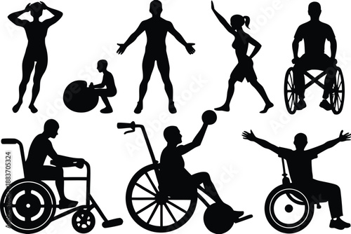 Silhouettes of people engaging in various physical activities and sports