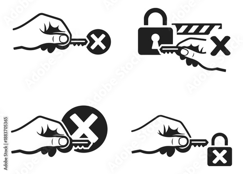 Line art icon set featuring hands holding keys with denial symbols for access control and security warnings