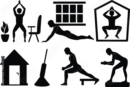 Silhouette icons representing various home fitness and exercise activities