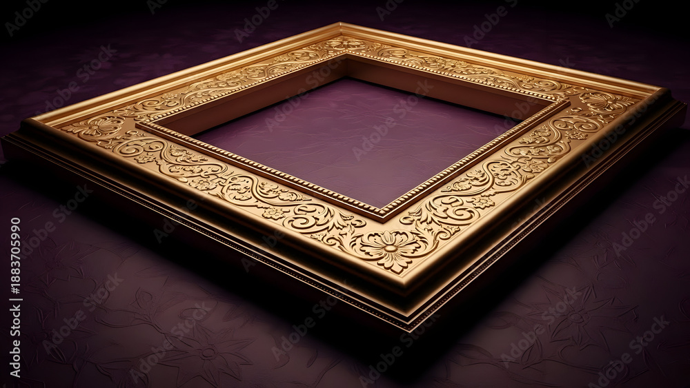 Fototapeta premium Ornate Gold Picture Frame with Intricate Floral Carvings on a Textured Purple Surface