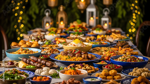 Abundant Feast Table Laden with Delicious Middle Eastern Dishes for Iftar or Eid Celebration