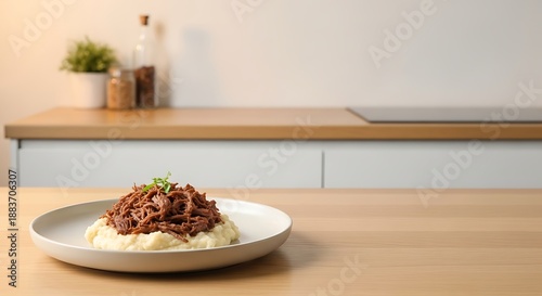 Seswaa (Botswanan shredded beef) in a minimalist handcrafted ceramic bowl.