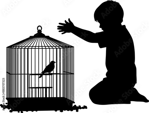 Child silhouette kneeling beside birdcage reaching toward bird, innocence and freedom concept, emotional childhood symbolism, black and white vector illustration isolated on white background