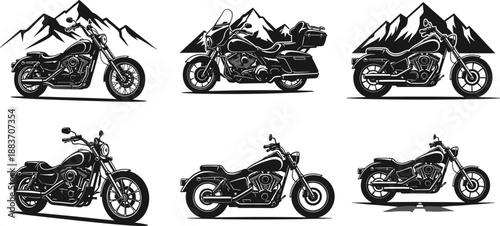 Classic motorcycle silhouettes collection featuring cruiser and touring bikes with mountain backgrounds, perfect for vintage biker lifestyle, road trip adventure, freedom, transportation, 