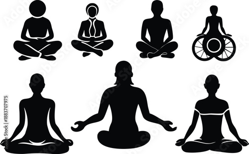 Diverse silhouettes of people meditating in lotus positions and unique poses