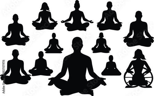 Diverse group of people meditating in various poses